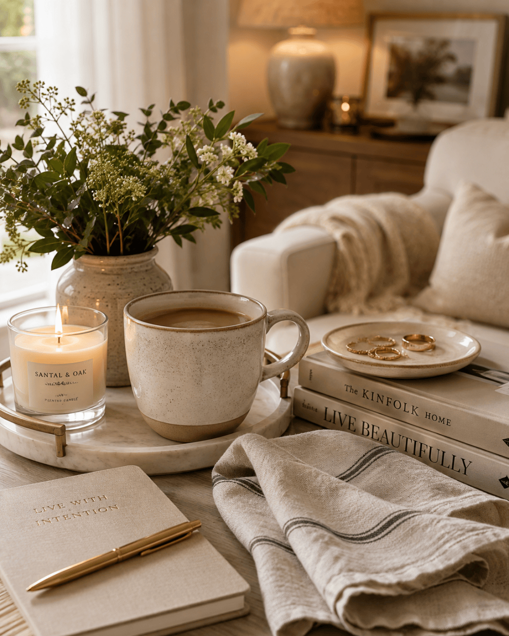 Elegant warm-neutral home vignette with coffee, linen, greenery, soft lighting, and thoughtfully arranged everyday objects representing simple daily luxuries.