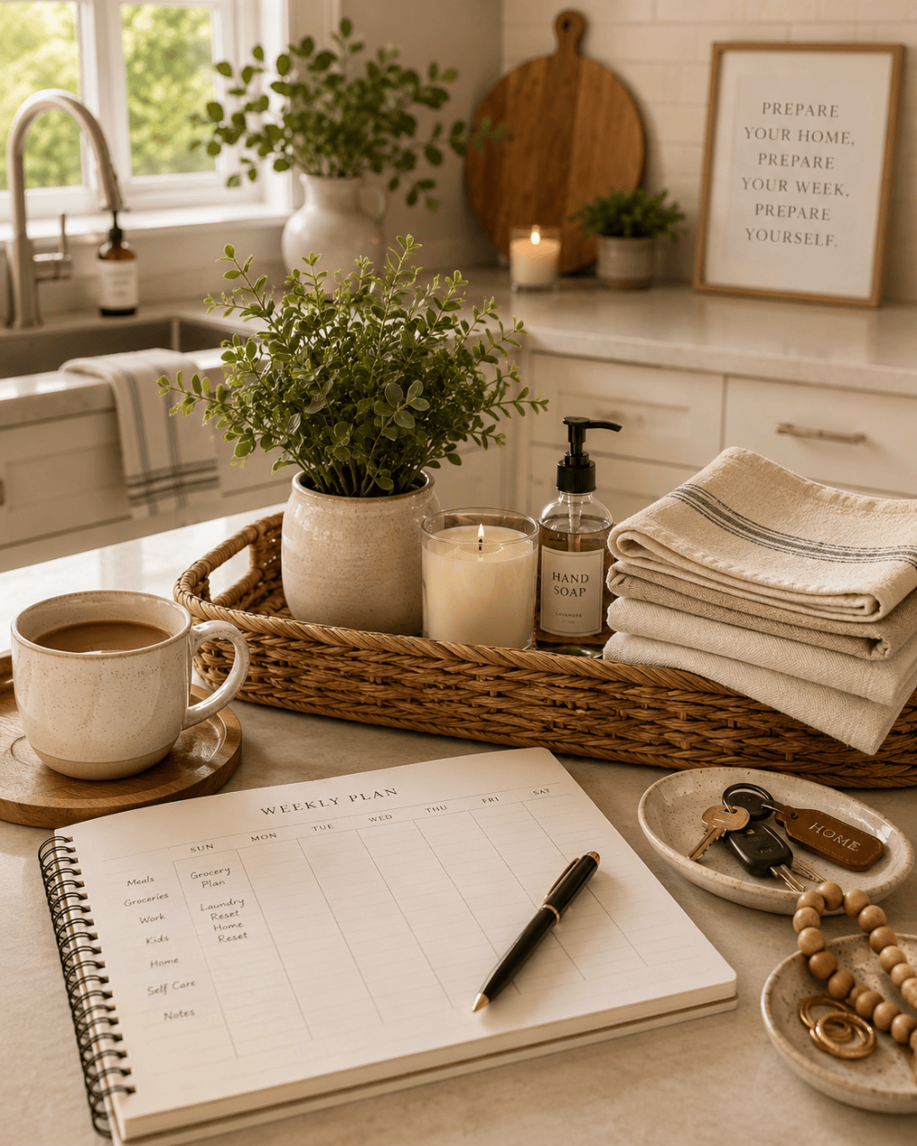 Organized warm-neutral home with a weekly planner, basket, folded linen, keys, coffee, and greenery prepared for a Sunday home reset