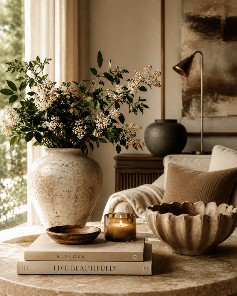 Elegant home vignette with refined decor and warm neutral styling.