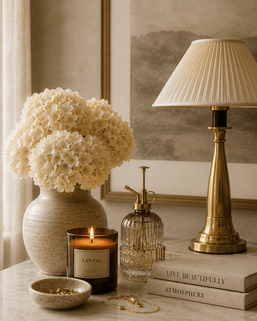 Refined lifestyle vignette with white hydrangeas, a warm candle, brass lamp, decorative books, and elevated neutral accessories.