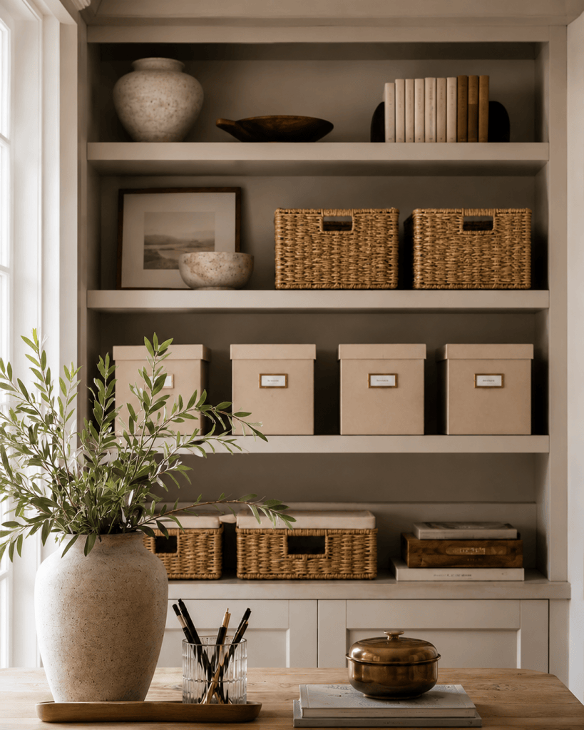 Elegant, organized home office with woven baskets, labeled storage boxes, neutral shelving, greenery, and refined desk accessories.