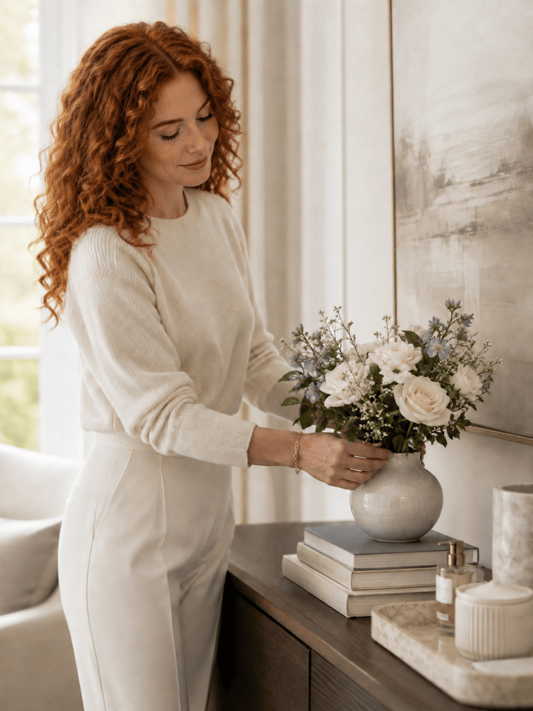Curly-haired red-haired woman arranging flowers in a warm, elegant neutral interior.