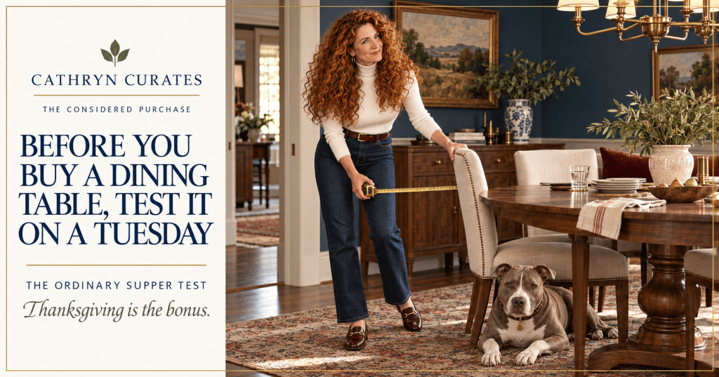 Cathryn, a slender blue-eyed woman with very long copper-red curls, measures the clearance behind a walnut oval dining table in a heritage-blue dining room while her gray-and-white pit bull rests beneath the table. Text reads “Before You Buy a Dining Table, Test It on a Tuesday” and “The Ordinary Supper Test.”