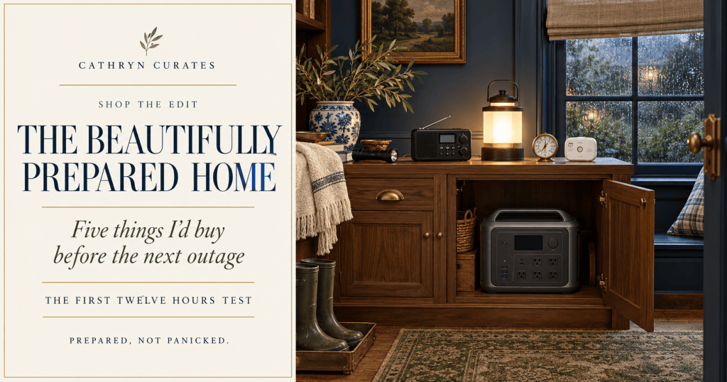 A warm, storm-ready utility room with heritage-blue cabinetry and walnut built-ins. A portable power station sits inside an open cabinet while a weather radio, glowing lantern, refrigerator thermometer, and carbon-monoxide alarm rest on the counter. Text reads, “The Beautifully Prepared Home: Five Things I’d Buy Before the Next Outage.”