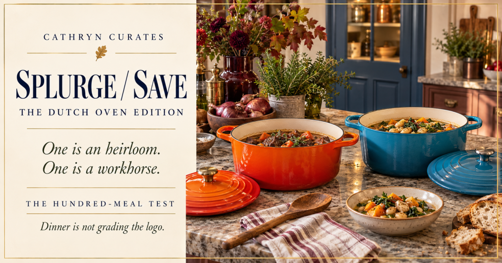 A refined cream-and-burgundy kitchen with two fully visible enameled cast-iron Dutch ovens on a stone island: a flame-orange premium pot beside a Caribbean-blue value pot. Text reads “Splurge or Save? The Dutch Oven Edition” and “The Hundred-Meal Test.”