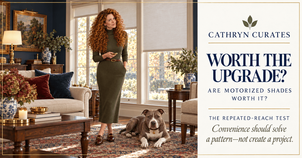 Slim, mature Cathryn with full curly auburn hair stands in an elegant navy-and-walnut living room holding a small shade remote while three ivory motorized shades rest at different heights. Her gray-and-white pit bull lies naturally beside her. Editorial text asks, “Are Motorized Shades Worth It?”