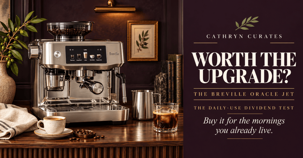 Premium editorial kitchen scene featuring a brushed-stainless Breville Oracle Jet espresso machine on a fluted walnut coffee counter with ceramic cups, a milk pitcher, coffee beans, and an iced espresso, beside the title “Is the Breville Oracle Jet Worth the Upgrade?”