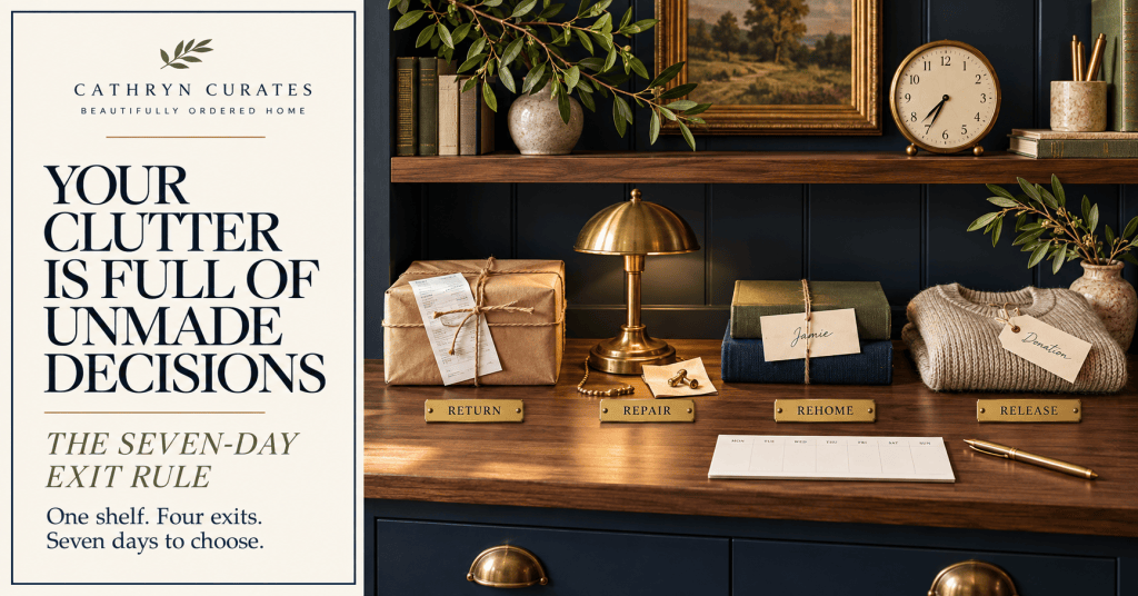 Editorial household decision shelf in a refined navy-and-walnut home office holding a return parcel, a lamp awaiting repair, borrowed books, and a folded donation item, with four brass labels reading Return, Repair, Rehome, and Release.