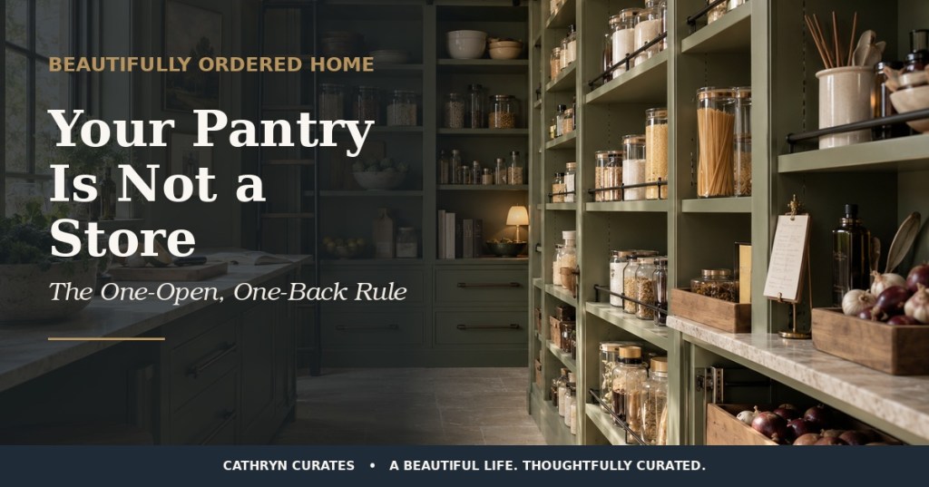 Editorial view of a deep-sage walk-in pantry with warm brass lighting and neatly arranged everyday staples, overlaid with the title “Your Pantry Is Not a Store: The One-Open, One-Back Rule.”