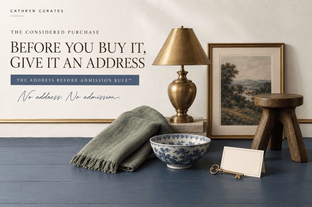 Editorial arrangement of an antique brass lamp, framed artwork, blue-and-white bowl, sage linen, wooden stool, address card, and brass key beneath the words “Before You Buy It, Give It an Address.”
