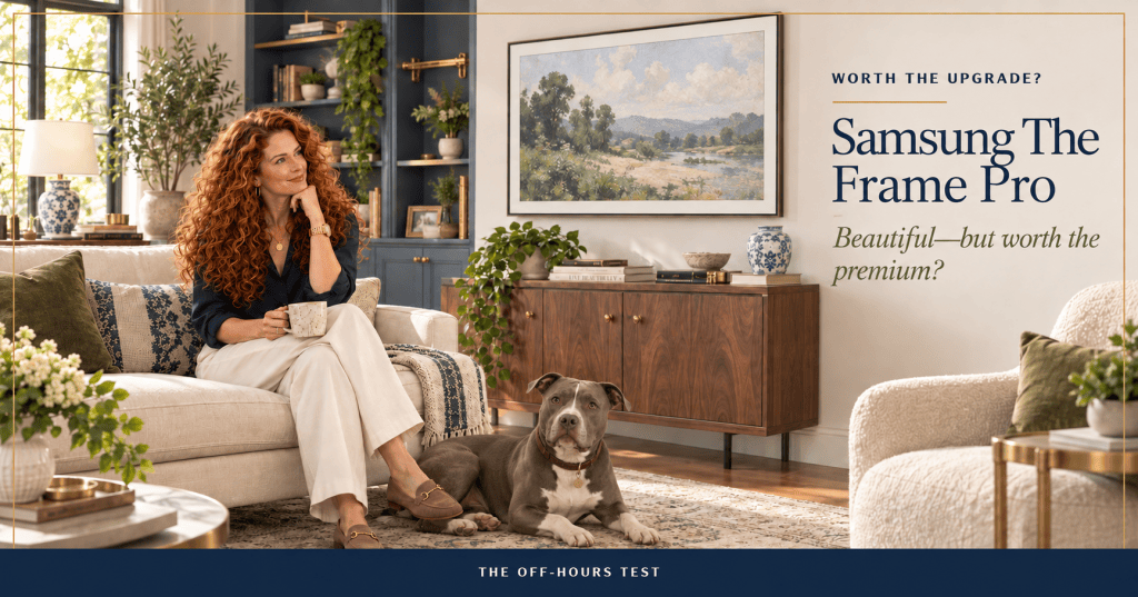 Refined living room with navy built-ins and a large art television displaying an abstract painting, overlaid with “Samsung The Frame Pro: Beautiful—but worth the premium?