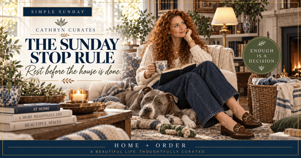 Curly-haired red-haired woman rests in a layered, light-filled living room with an open book and tea while her gray-and-white pit bull lies beside her. A rumpled throw, dog toy, and waiting laundry basket reinforce the message, “The Sunday Stop Rule: Rest before the house is done.