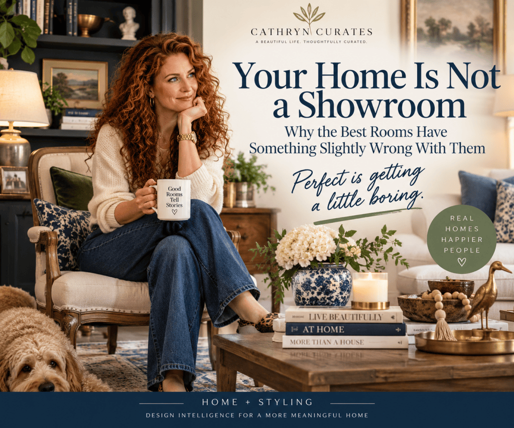 Elegant Cathryn Curates featured image showing a slender curly-haired redhead seated in a layered living room with mixed woods, blue-and-white pottery, books, brass accents, greenery, a candle, and a relaxed dog nearby. Text reads “Your Home Is Not a Showroom” with the subtitle “Why the Best Rooms Have Something Slightly Wrong With Them” and the handwritten line “Perfect is getting a little boring.
