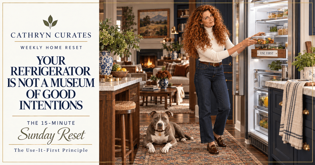 Slender auburn-haired woman in a fitted dusty-blue top and cream trousers places herbs into a labeled Use First tray inside an open refrigerator. A gray-and-white pit bull sits beside a fallen carrot in the elegant kitchen.