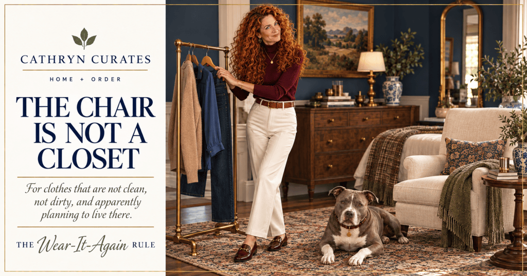 Slim, mature auburn-haired woman places a navy blouse on a brass valet rail in an elegant bedroom while a gray-and-white pit bull rests beside the now-empty upholstered chair. Editorial text reads “The Chair Is Not a Closet.”