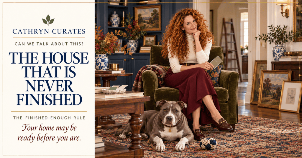 Slim, mature Cathryn with full curly auburn hair sits facing the viewer in an olive velvet chair, holding a paint swatch in an already-beautiful navy-and-walnut living room. Her gray-and-white pit bull rests naturally at her feet beside one dog toy. Editorial text reads “The House That Is Never Finished.”