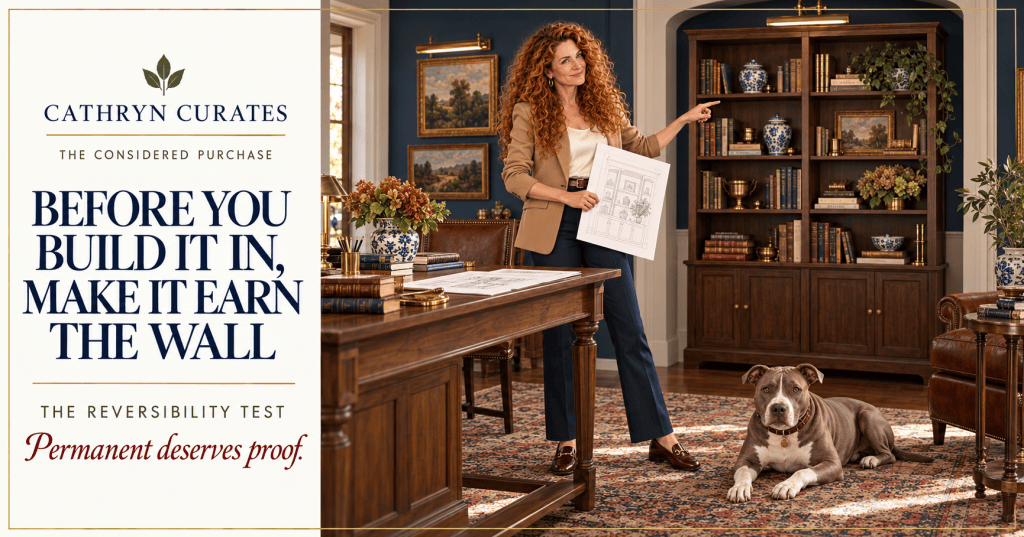 Slim, mature Cathryn with full curly auburn hair stands beside a walnut writing desk holding an architectural cabinet elevation and pointing toward a freestanding bookcase placed inside a navy alcove. Her gray-and-white pit bull lies naturally on the vintage rug. Editorial text reads “Before You Build It In, Make It Earn the Wall.”