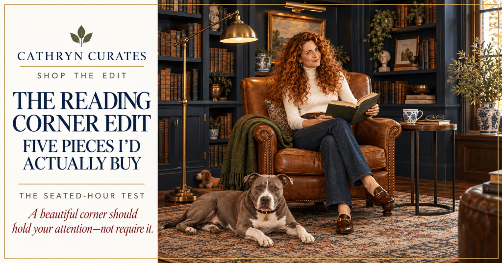 Slim, mature Cathryn with full curly auburn hair reads in a cognac leather chair in a collected navy library. An adjustable brass reading lamp, slim side table, olive wool blanket, traditional rug, and gray-and-white pit bull complete the corner. Editorial text reads “The Reading Corner Edit: Five Pieces I’d Actually Buy.”