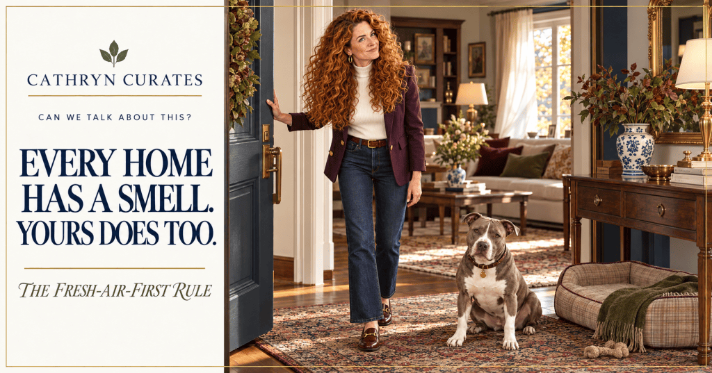 Cathryn, a slender woman with very long curly golden-auburn hair, stands just inside the open front door of a collected traditional home wearing an aubergine blazer, ivory knit top, dark jeans, and oxblood loafers. She pauses with a knowing expression as though noticing the house’s scent after returning home. Her gray-and-white pit bull sits beside a plaid dog bed and toy. Navy editorial text reads “Every Home Has a Smell. Yours Does Too.” and “The Fresh-Air-First Rule.”