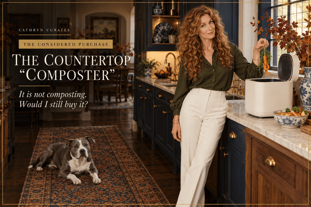 Cathryn, a slim mature woman with long curly golden-auburn hair, stands in a traditional navy kitchen holding a carrot top over an open cream countertop food recycler. She wears an olive blouse and ivory trousers while her gray-and-white pit bull rests on the vintage runner several feet away.