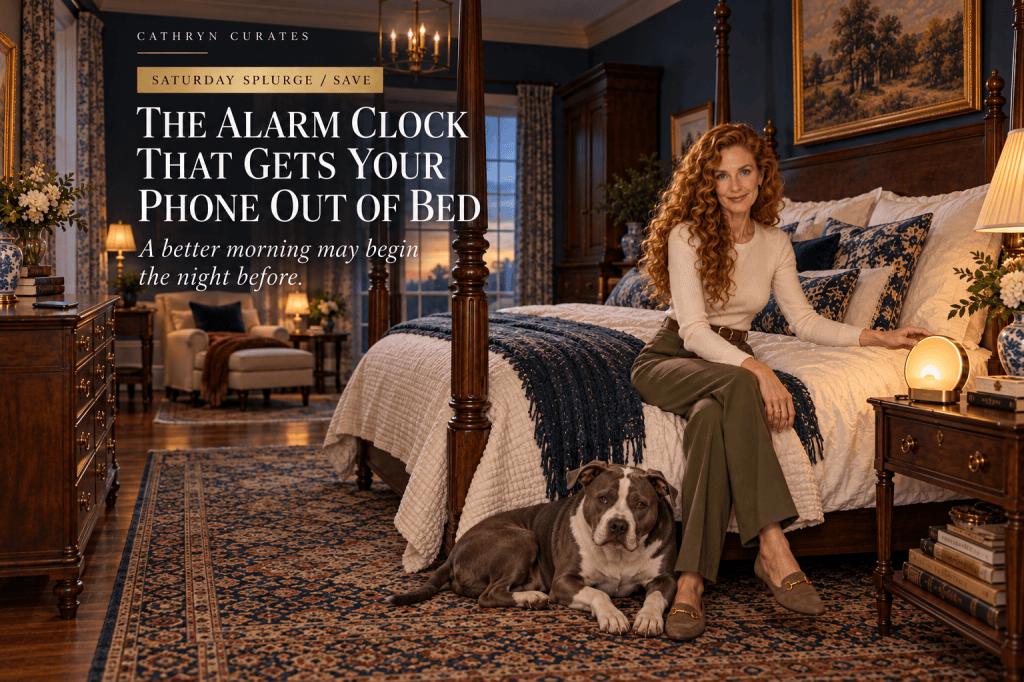 Cathryn, a slim mature woman with long curly golden-auburn hair, sits fully dressed on the edge of a traditional walnut bed and reaches toward a glowing sunrise alarm clock. She wears an ivory sweater and olive trousers while her gray-and-white pit bull rests on the vintage rug beside a toy.