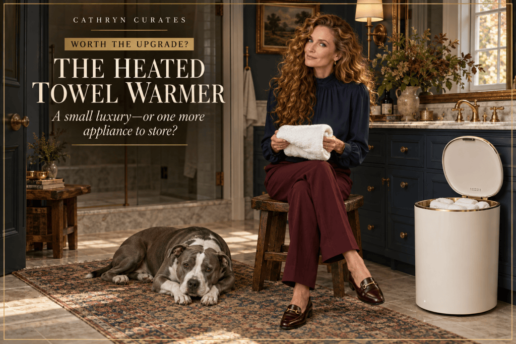 Cathryn, a slim mature woman with long curly golden-auburn hair, sits in a traditional navy bathroom holding a folded white towel beside an open ivory towel-warmer bucket, while her gray-and-white pit bull rests on the vintage rug.