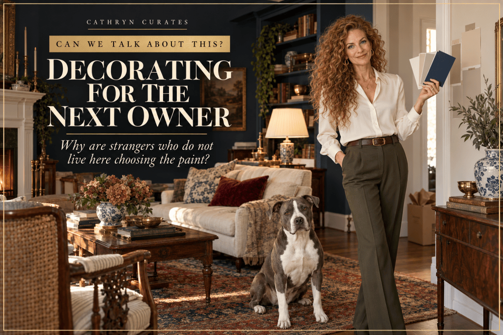Cathryn, a slim mature woman with long curly golden-auburn hair, stands in a collected traditional living room holding navy and neutral paint swatches. She wears an ivory blouse and olive trousers while her gray-and-white pit bull sits beside her on a vintage rug. Editorial text asks why strangers who do not live in the home are choosing its paint.