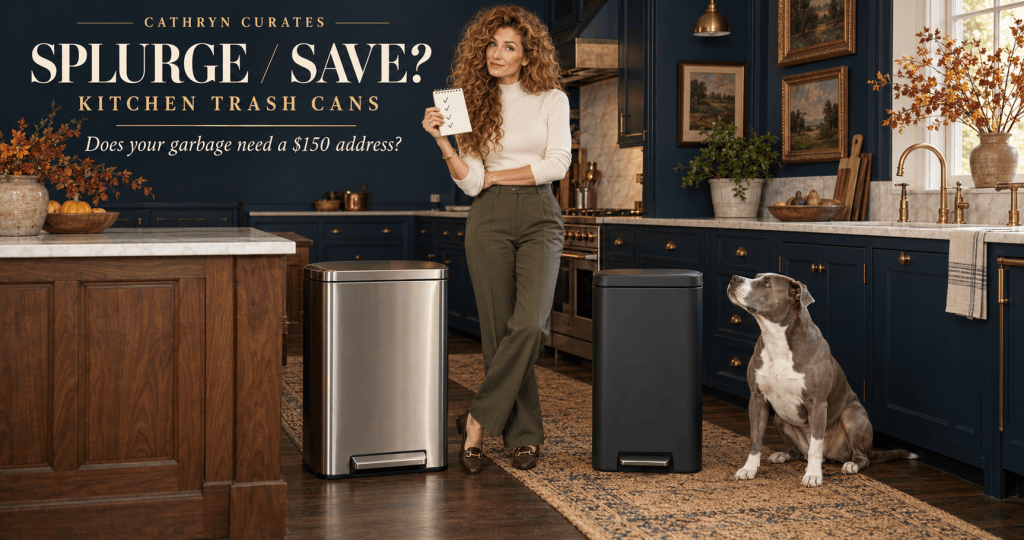 Slim, mature Cathryn with long curly golden-auburn hair stands facing the viewer in a navy traditional kitchen between a brushed-steel step trash can and a charcoal step can while holding a comparison checklist; her gray-and-white pit bull sits beside the save option.
