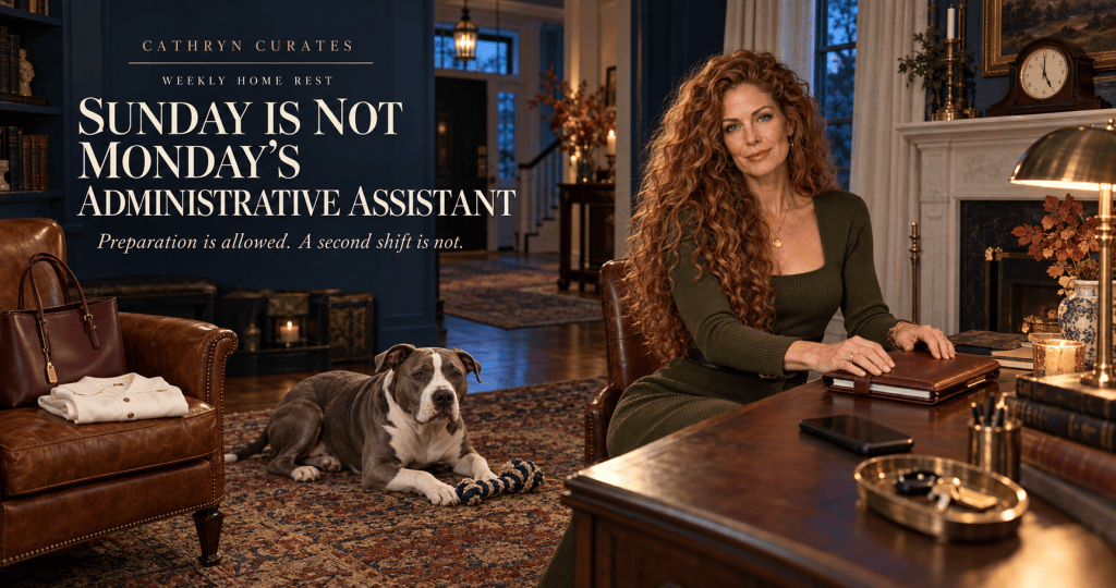 Slim, mature Cathryn with long curly golden-auburn hair faces the viewer while closing a leather planner at a walnut desk in a navy traditional living room at blue hour. Her phone rests face down, a folded Monday blouse, work tote, and key tray sit nearby, and her gray-and-white pit bull lies naturally on the vintage rug with one rope toy.
