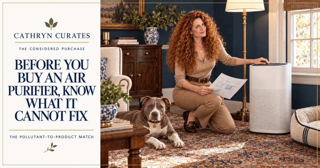 Cathryn, a slender woman with very long curly golden-auburn hair, kneels beside a large unbranded white air purifier in a collected navy-and-walnut living room. Wearing a fitted camel jumpsuit and oxblood loafers, she studies a room floor plan while resting one hand on the purifier controls. Her gray-and-white pit bull lies on the vintage rug beside her. Editorial text reads “Before You Buy an Air Purifier, Know What It Cannot Fix” and “The Pollutant-to-Product Match.”