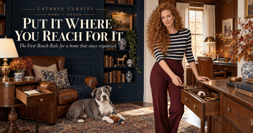 Slim, mature Cathryn with long curly golden-auburn hair faces the viewer in a navy-and-walnut library while placing a second pair of brass-handled scissors into an open desk drawer. A separate open drawer beside a cognac reading chair holds glasses and a notepad, and her gray-and-white pit bull rests on the vintage rug with one toy.